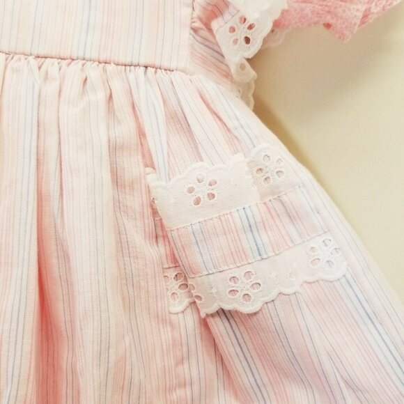 Mini World 2T Pink Stripe Dress Vintage Eyelet Lace 4T Pinafore Prairie Floral - Picture 2 of 8